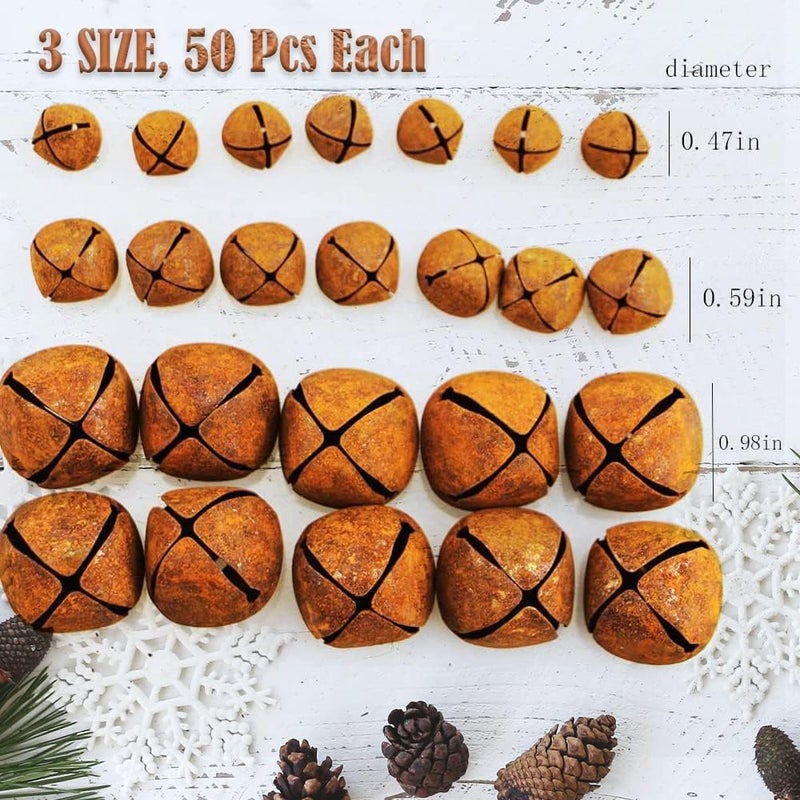 vibnumom 150 Pieces Christmas Rusty Bells Kit with A Jute Twine Vintage Country Primitive Craft Mini Jingle Bells Rustic Bells for Crafts Wreath Holiday Home Ornaments Christmas Trees Decoration (Mixed Size) - Image 2
